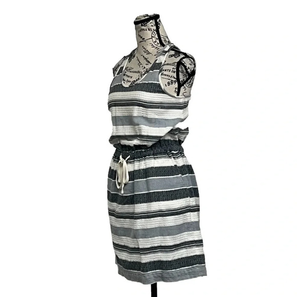 Lou & Grey  Casual Tank Blouson Dress Gray Stripe Drawstring Waist Pockets XS - Picture 2 of 9